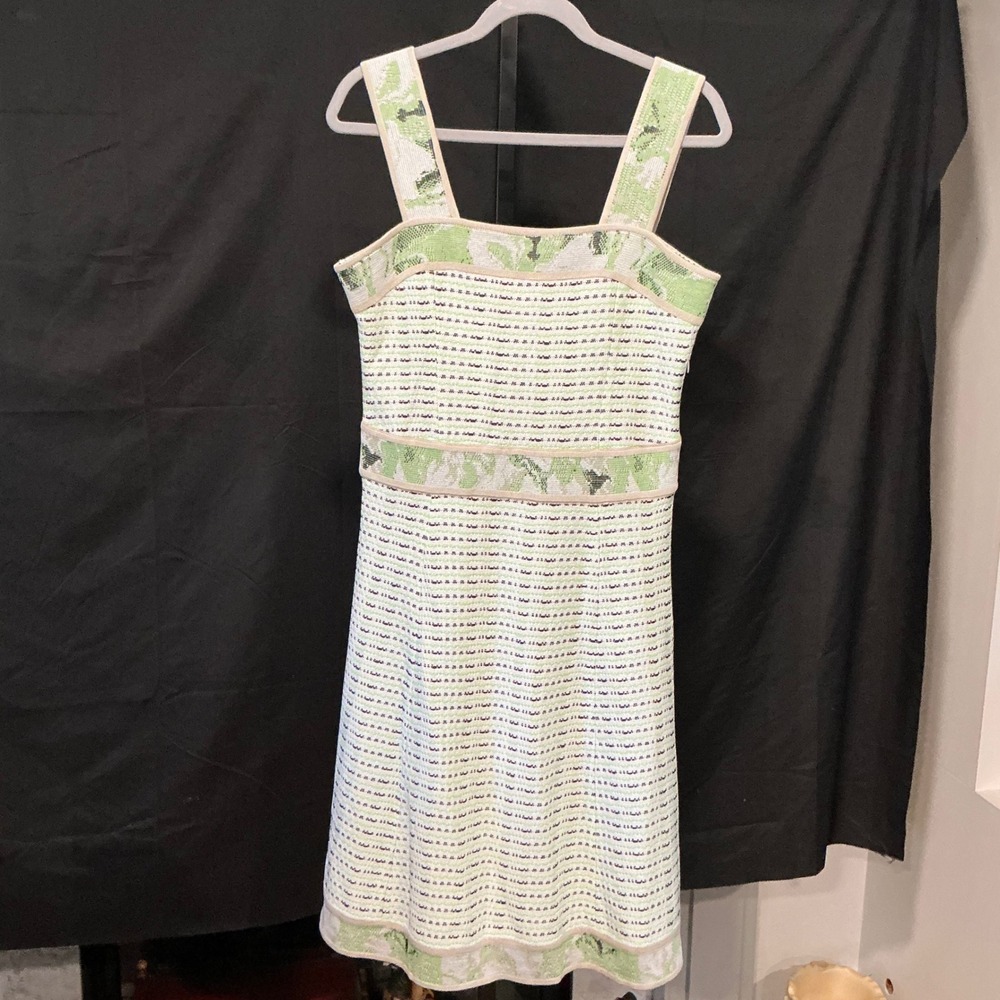 MING WANG Dotted Stripe Jacquard Dress Green/Whte/Black Fit & Flare Midiβ